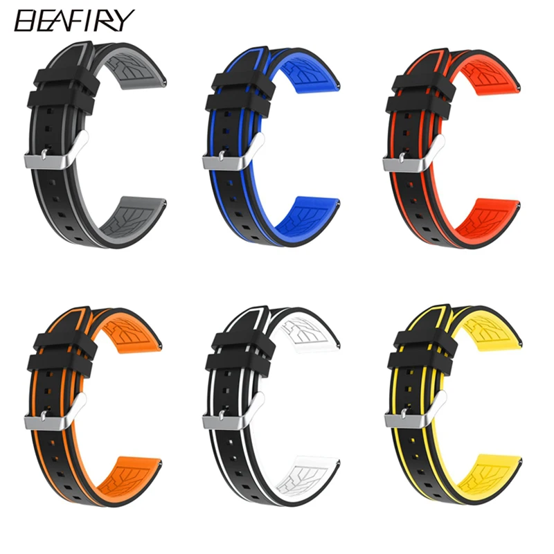 BEAFIRY Soft Silicone Rubber Watch Band Strap 20mm 22mm 24mm Waterproof Watchband black grey orange blue red yellow white sport