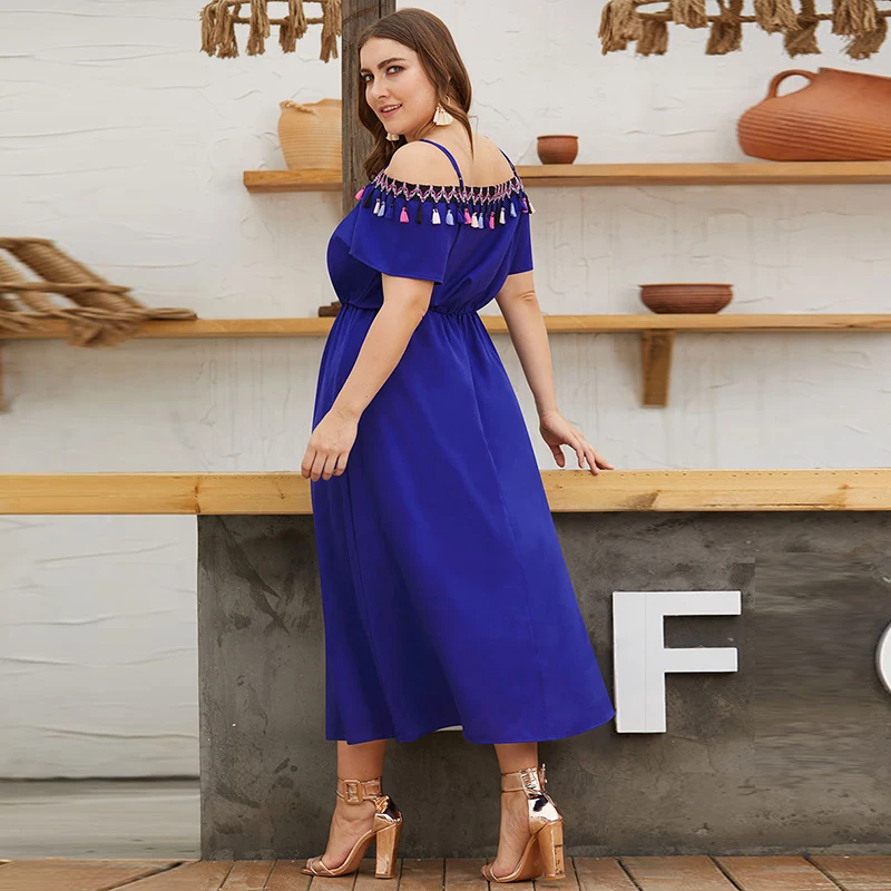 

RAISEVERN Women Sexy Off Shoulder Short Sleeve Tassel Loose Plus Size Blue Dress Female High Waist Split Casual Long Dress