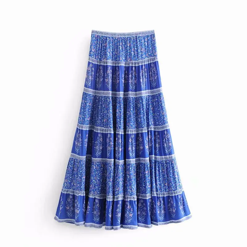 TEELYNN boho skirt 2018 autumn Rayon blue floral print large swing women beach wear Casual Hippie a-line long skirts falda | Женская
