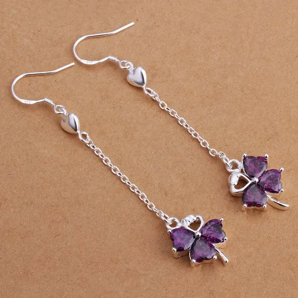 Серьги из серебра 925 пробы Модные фиолетовые серьги с четырехлистным клевером