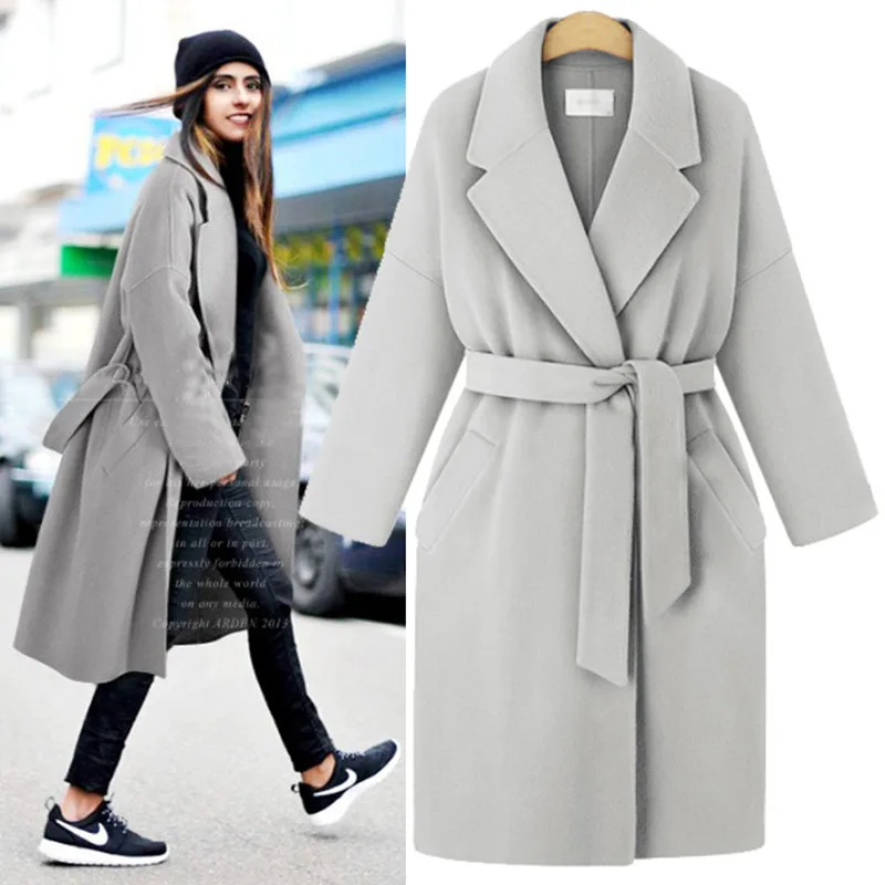 gray Новые осенне-зимние женские пальто Vestidos свободного кроя размера плюс с отложным поясом, шерстяное пальто для женщин, большая верхняя одежда - Цвет: gray
