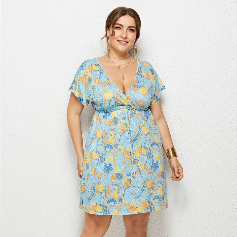 

2019 Fashion Casual Straight V Neck Sexy Dress Robe Femme New Stye Women Dress Short Printed Summer Dress Plus Size M-4XL