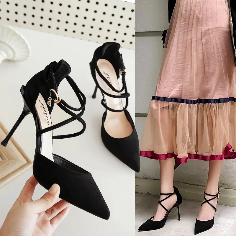

Women Shoes Pumps Pointed Toe Flock Fashion Spring Cross strap Hollow Rhinestone 9CM thin High Heels Fashion Office Shoes