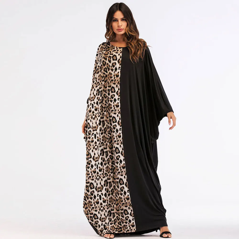 Casual Print Leopard Maxi Dress Bat Sleeve Patchwork Abaya Muslim Loose Kimono Long Arab Robe Gown Middle East Islamic Clothing |