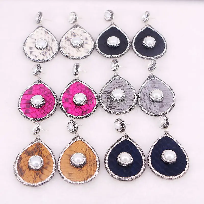 5 пар ZYZ146-E9820 Висячие натуральные жемчужины и разноцветные кожаные висячие серьги из змеиной кожи женские серьги оправленные камнями со стразами