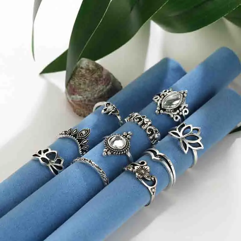 Tibetan Carved Punk 10PCS/Set Rings Vintage Boho Style Flower For Women Jewelry Daily Life Party Midi Hands Accessories | Украшения и