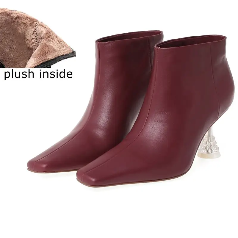 plush inside ALLBITEFO/модные пикантные ботильоны для женщин на высоком каблуке из натуральной кожи с квадратным носком; новые зимние женские ботинки; ботинки marin - Цвет: plush inside