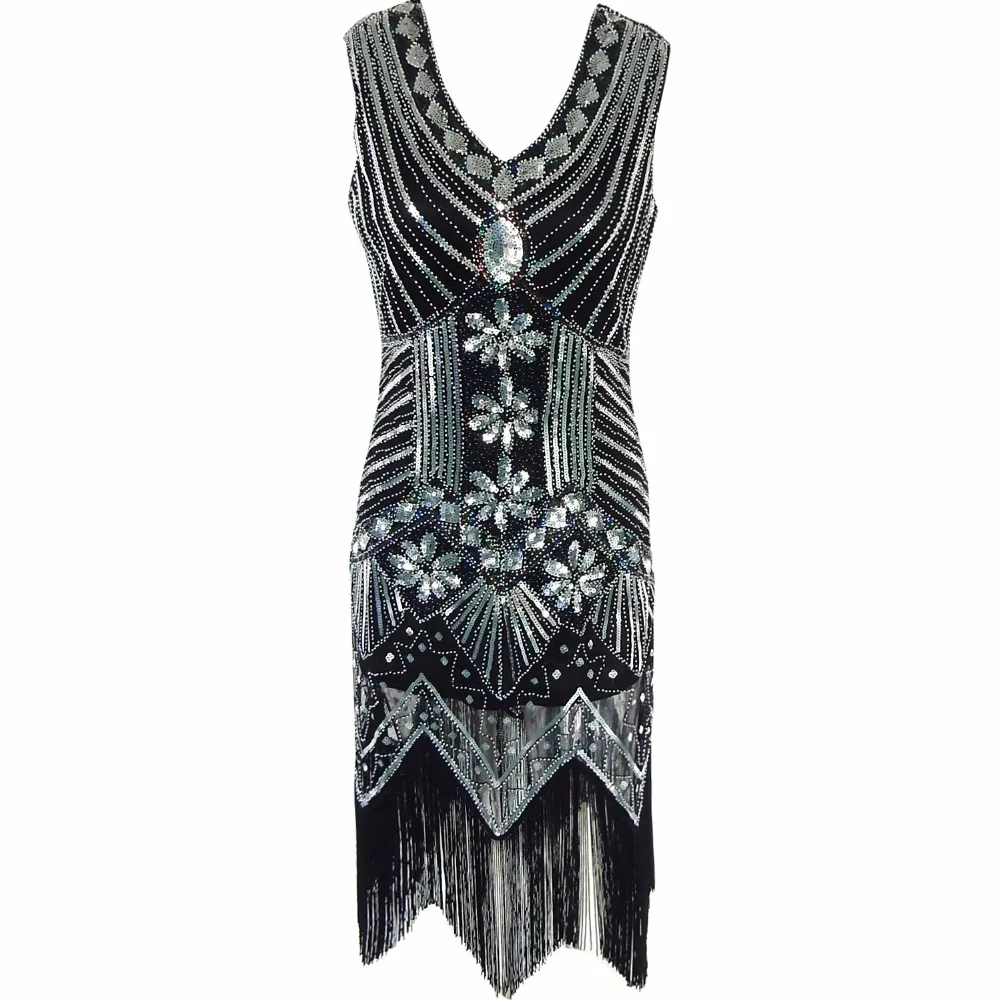 Великий Гэтсби платье Для женщин блестками с v образным вырезом украшенное и вышитое бисером арт деко