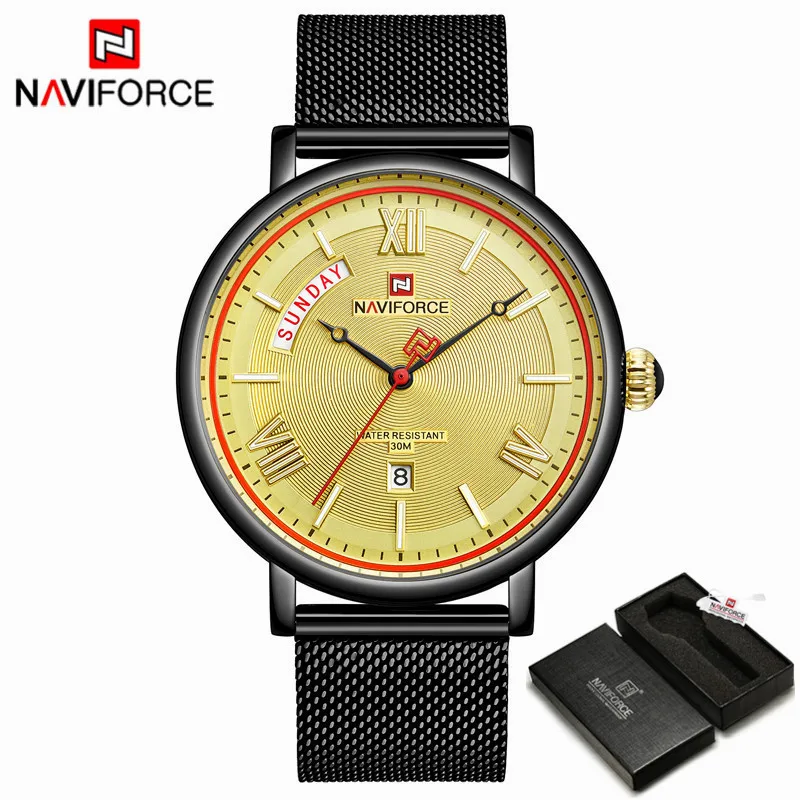 Black Gold with Box NAVIFORCE часы мужские модные деловые часы мужские повседневные водонепроницаемые кварцевые наручные часы синие стальные сетчатые часы Relogio Masculino - Цвет: Black Gold with Box
