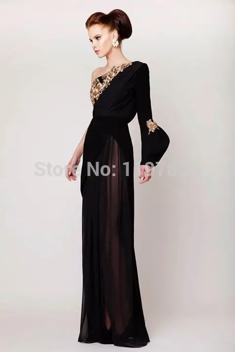 Domineering Black Embroidery Evening Dress One Shoulder Long Sleeve Formal Gown High Side Slit Party | Свадьбы и торжества