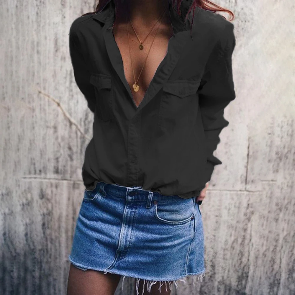 Блузка женская с отложным воротником свободная рубашка длинным рукавом на