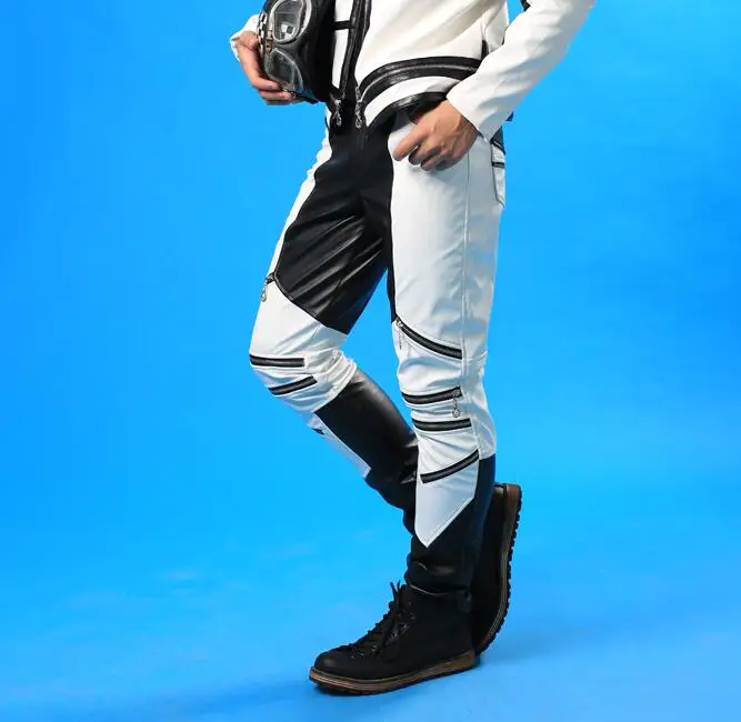Stage personality men pants white black splice pant mens trousers singer dance rock pantalon homme street star style novelty | Мужская