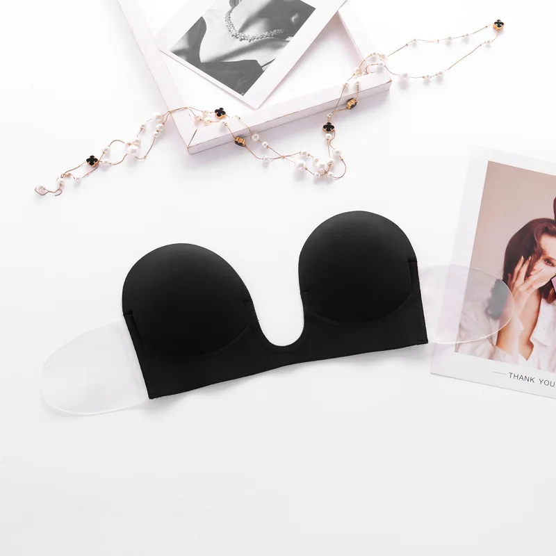 Black Strapless Bra Силиконовый бюстгальтер без бретелек, пуш-ап, Бюстгальтеры на косточках, прозрачная боковая лента для женщин, платье с открытыми плечами, клейкое Нижнее белье размера плюс D - Цвет: Black Strapless Bra