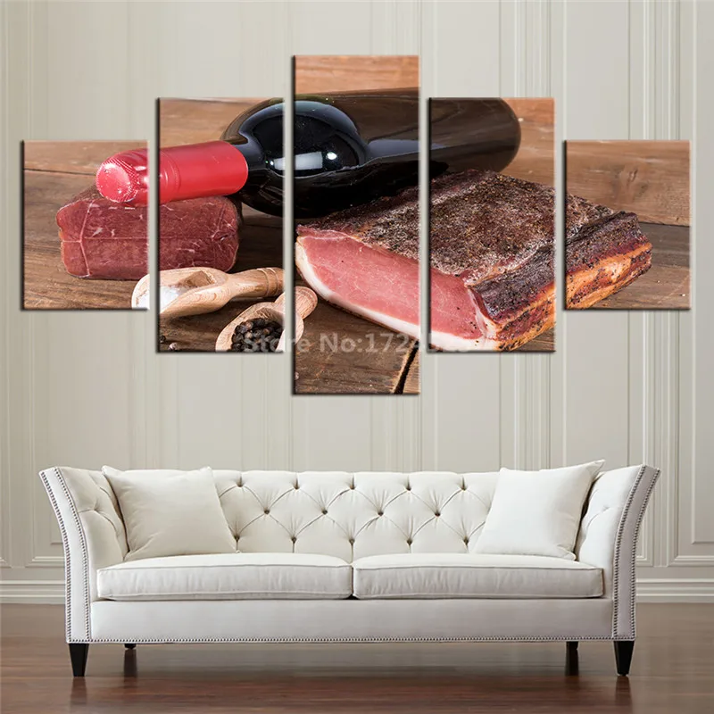 CLSTROSE HD Prints Pictures Home Decor Room 5 Pieces Red Wine And Meat Paintings Kitchen Wall Art For Living | Дом и сад