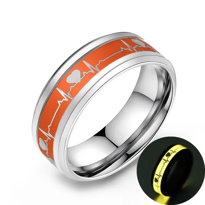 Glowing Luminous Heart Electrocardiogram Rings Stainless Steel Glow in the Dark Wave Love Ring Female Male Wedding Aneis Jewelry