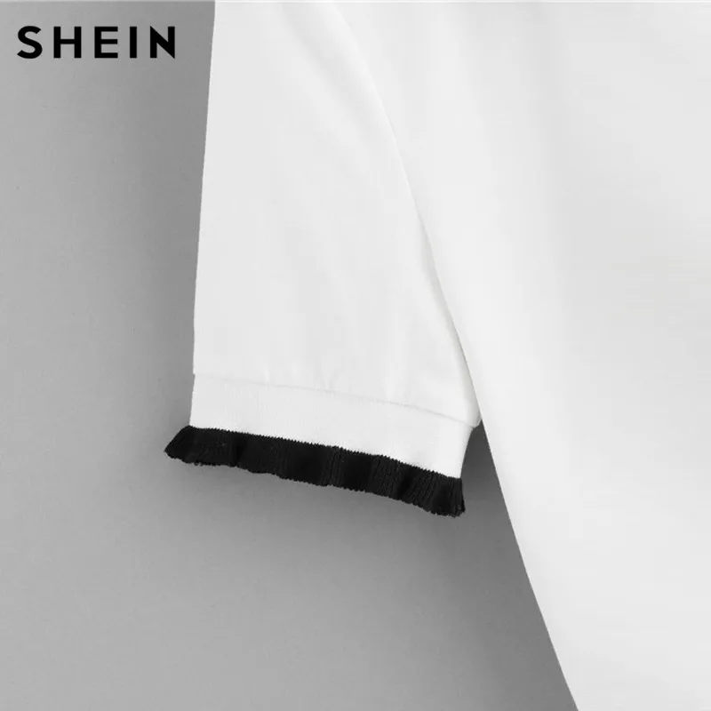 SHEIN Футболка На Пуговицах С Рюшами, Детский Топ С Коротким Рукавом И Контрастной Отделкой, Топ Для Девочки