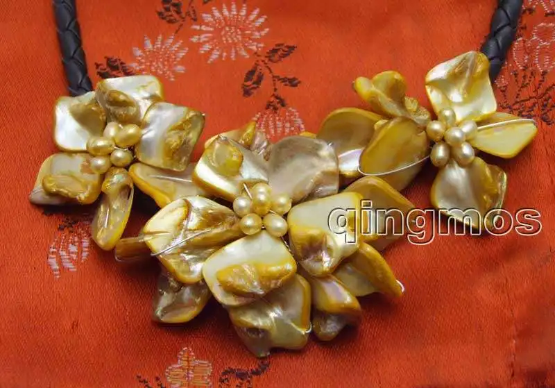 Big 1 piece 70mm and 2 50mm Orange Baroque Shell Flower Natural Pearl pendant Black 6mm Rope 18'' Necklace-nec6336 | Украшения и