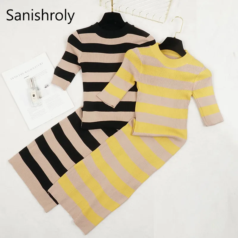 

Sanishroly Autumn Summer Women O-Neck Striped Sweater Dress Sheath Knitted Dresses Female Short Sleeve Long Dress Vestidos SE589
