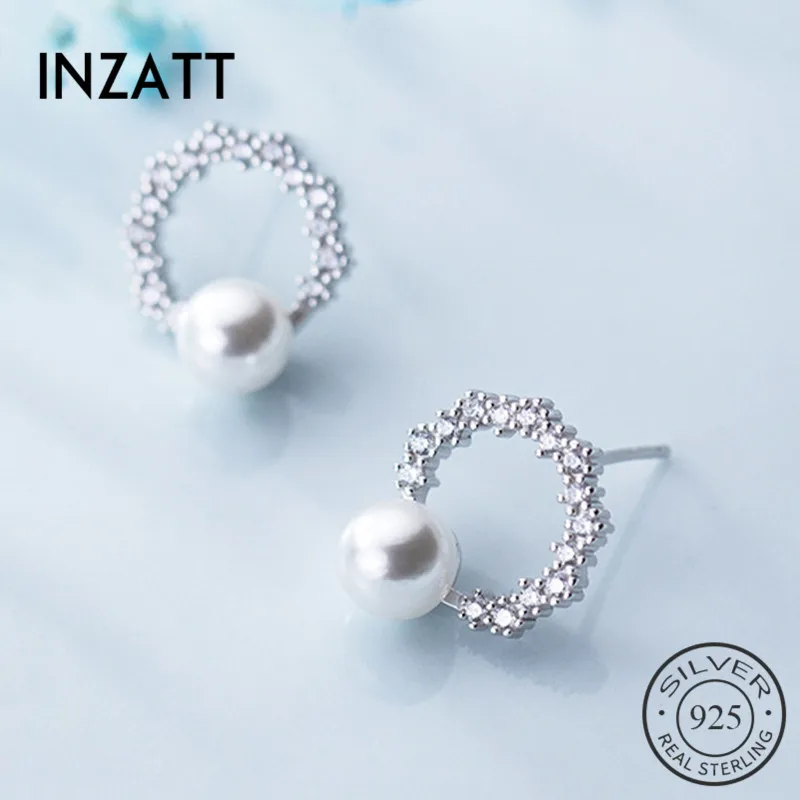 Серьги INZATT из серебра 925 пробы циркониевые круглые жемчужные серьги-гвоздики для