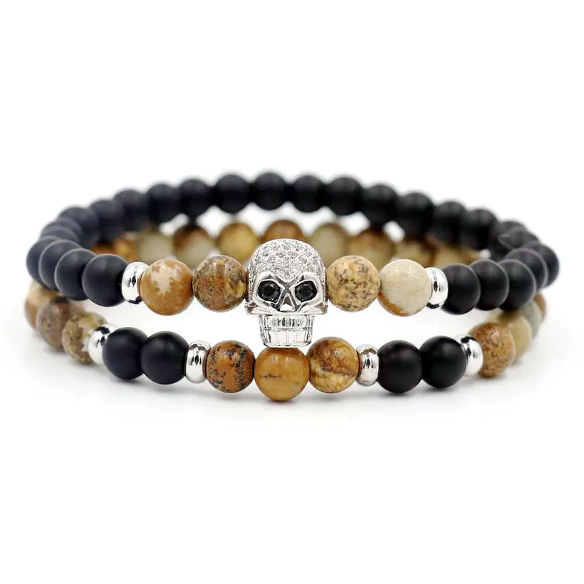2pcs/set Mala Onyx Stone Strand Bracelet Men Copper Micro CZ Skull Head Energy Bracelets For Couples Women Lucky Buddha Jewelry | Украшения