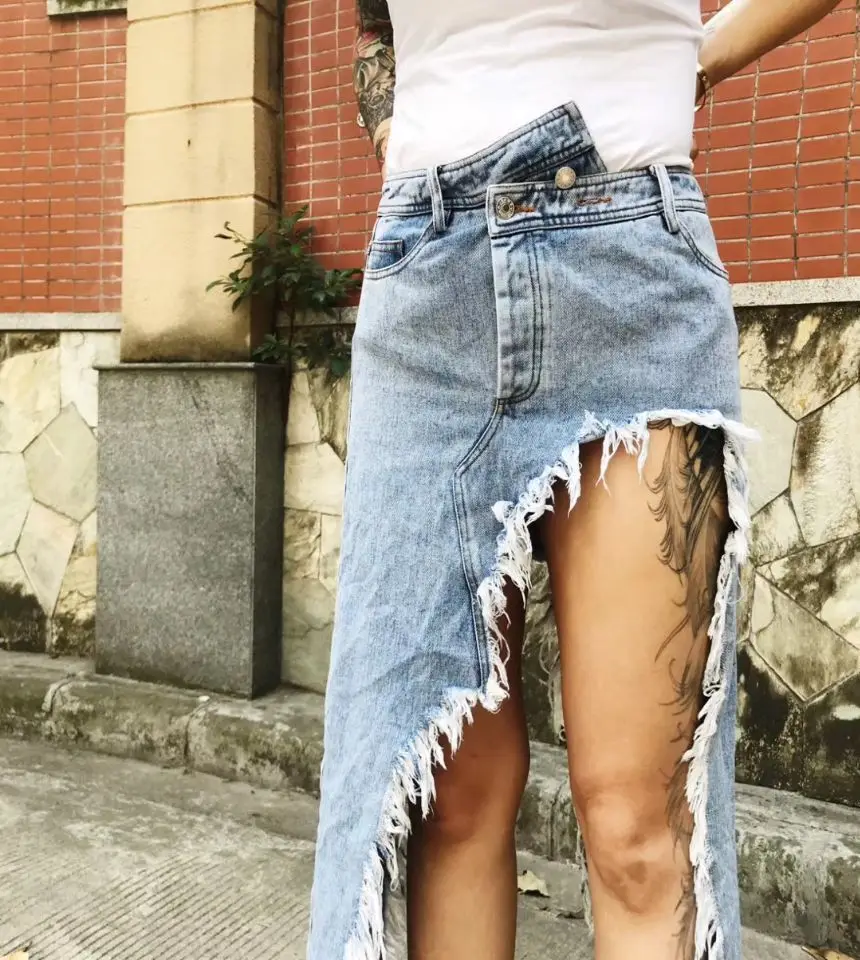 Cakucool Новый Для женщин синего джинсового цвета юбка с рваными краем отверстия