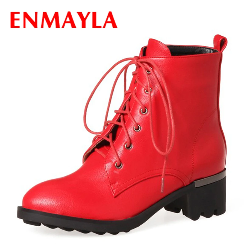 

ENMAYLA New Lace-up Ankle Boots for Women Med Chucky Heels Boots Women Black Red Dance Shoes Woman Short Boots