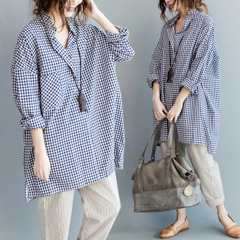 Женская клетчатая блузка с V образным вырезом большого размера|blouse shirt|check toplong loose