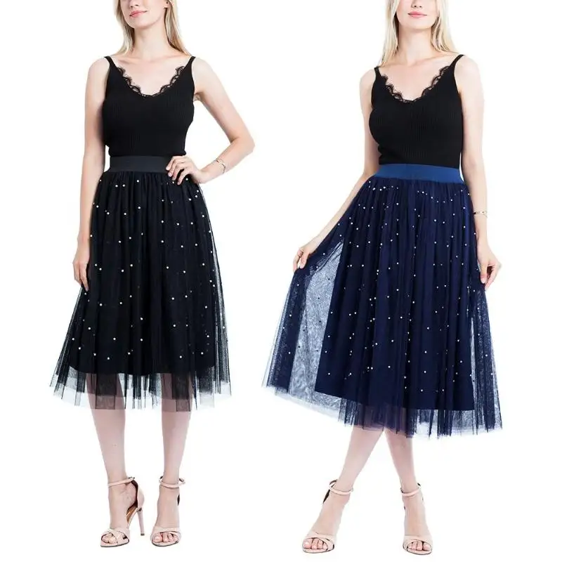 2018 летние Для женщин Бисер сетки юбка миди Тюлевая женский серебряный