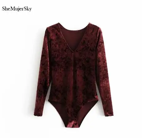 red bodysuit SheMujerSky сексуальные женские красные бархатные боди Осень Зима Черные Облегающие комбинезоны с v-образным вырезом с длинным рукавом Женские сексуальные - Цвет: red bodysuit