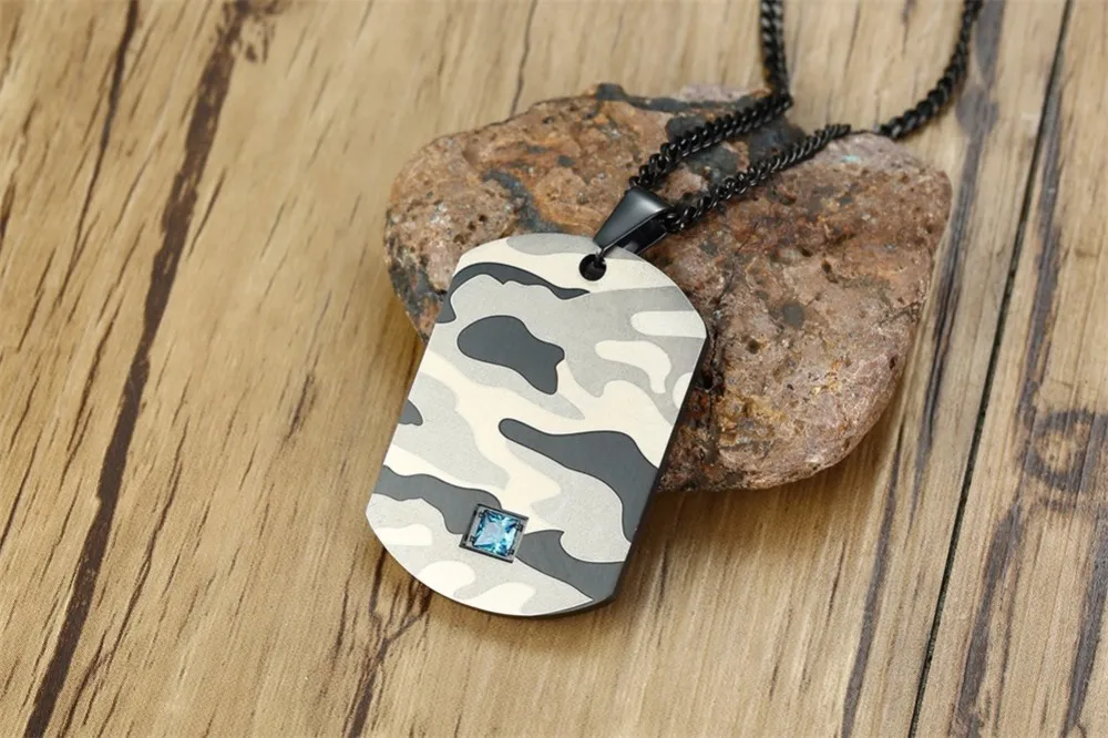 Нержавеющая сталь синий CZ Accent США камуфляж Dog Tag кулон ожерелье для мужчин абстрактный солдат военный причудливый камуфляж ювелирные изделия 24IN