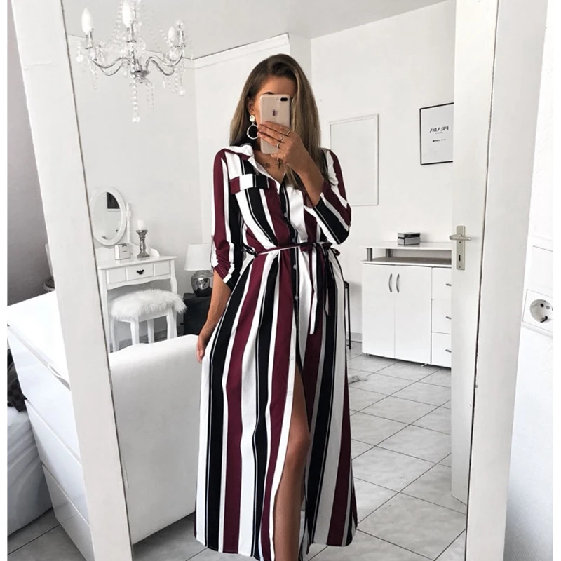

Stripe Maxi Dress 2019 Office Lady Turn-Down Collar Button Long Shirt Dress Women Autumn Summer Long Sleeve Dress plus size