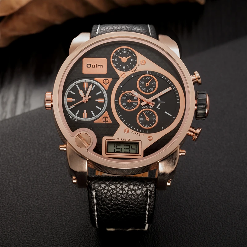 Oulm кожа большие часы для мужчин большой циферблат двойной дисплей военные