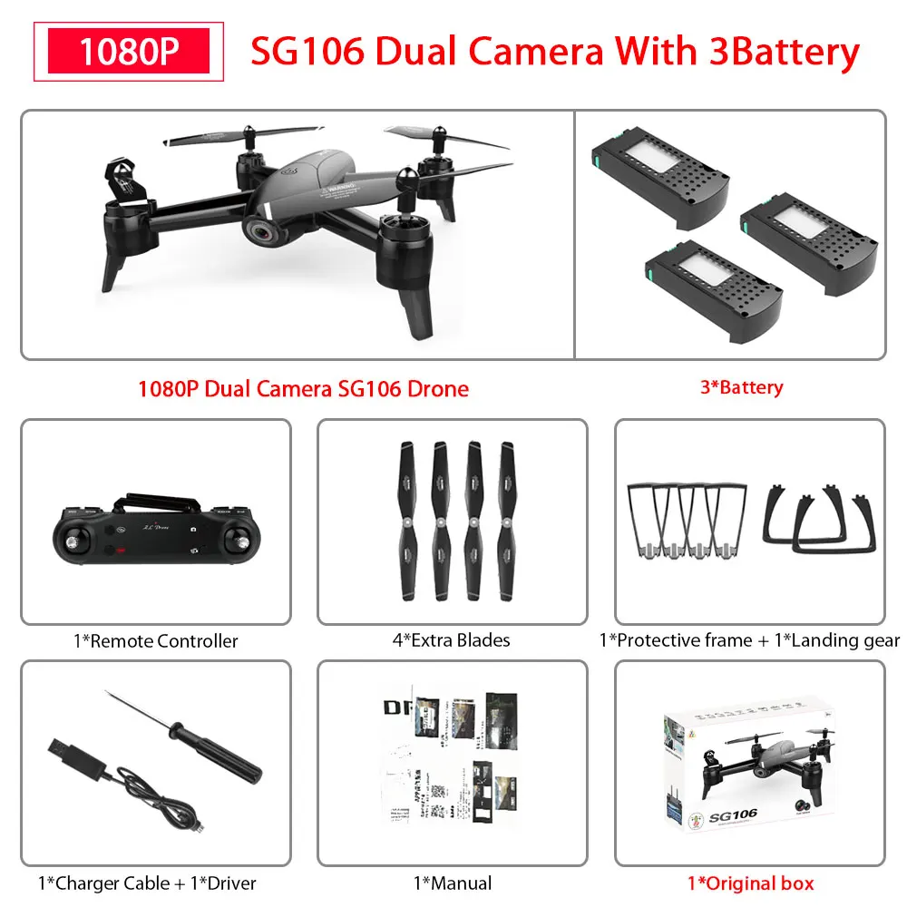 1080P Black 3Battery SG106 WiFi FPV Радиоуправляемый Дрон с 720P или 1080P или 4K HD двойной камерой оптический поток воздушный видео Радиоуправляемый квадрокоптер для игрушек Детский Радиоуправляемый Дрон - Цвет: 1080P Black 3Battery