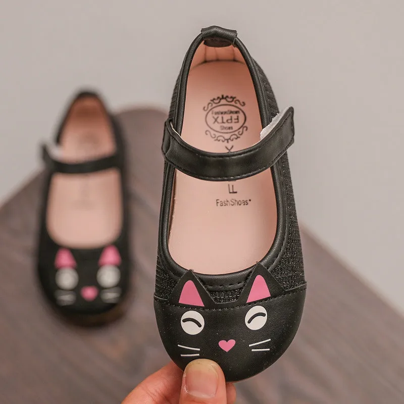 

Кожаная обувь для девочек с мультяшным котом, Новинка осени 2018