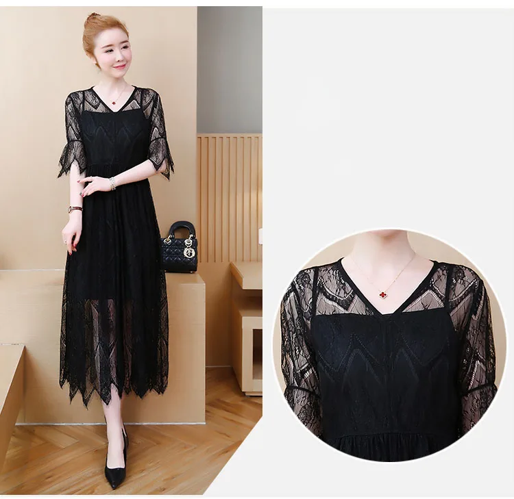 Moda mujer, летние платья размера плюс для женщин, 4xl, 5xl, 6xl, большие размеры, черное кружевное элегантное платье, уникальное женское винтажное платье