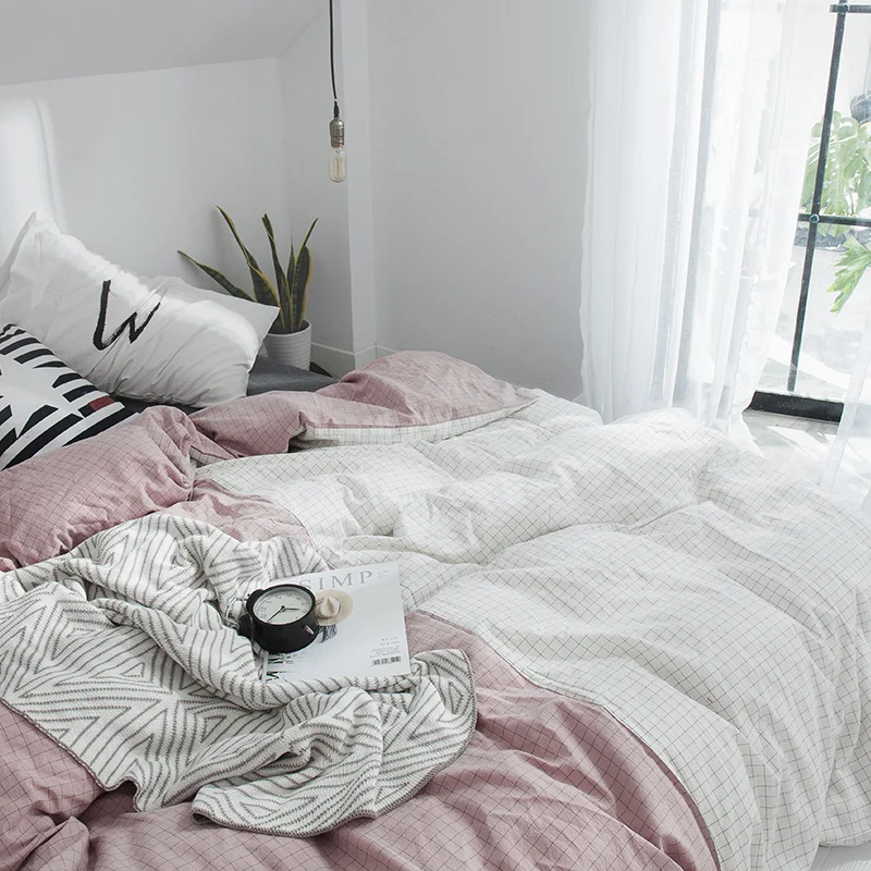 Розовый белый клетчатый узор хлопковый комплект пастельного белья