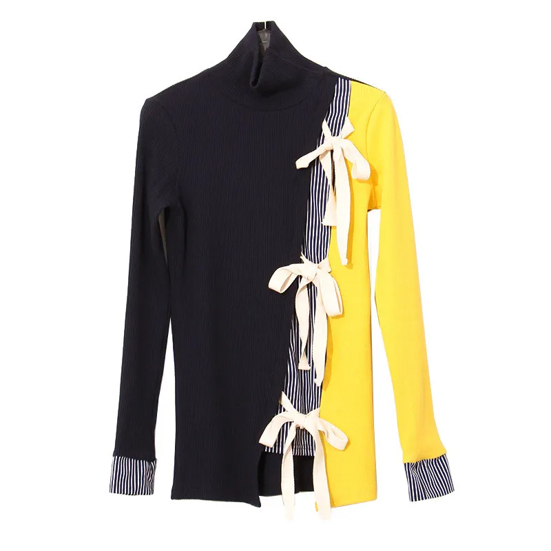 blue yelow sweater Neploe цветной лоскутный женский свитер на шнуровке, вязаный пуловер с высоким воротом, Осень-зима, шикарный свитер Mujerr 68782 - Цвет: blue yelow sweater