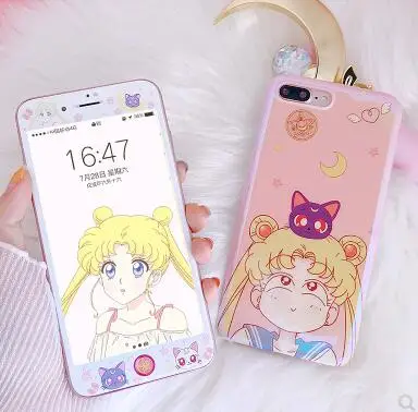 Чехол с принтом "Сейлор Мун" для iphone 7 8 plus/6 6splus Luna cat закаленное стекло для iphone 7 plus Мягкий ТПУ задний Чехол Защитная пленка для экрана - Цвет: S2 case and film