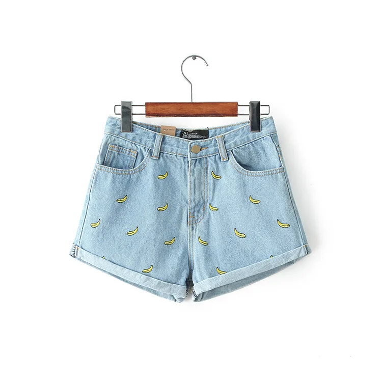 Sky Blue Vangull Модные женские корейские летние хлопковые шорты с вышитыми бананами и цветами размера плюс, повседневные женские джинсовые шорты с талией - Цвет: Sky Blue
