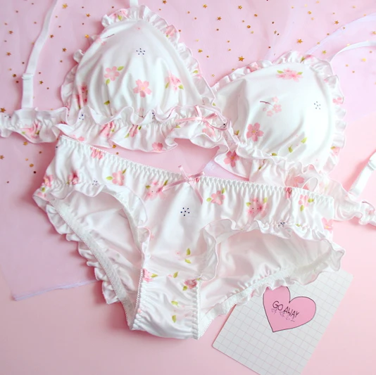 White cherry blossom Японское мягкое милое женское нижнее белье, клубника, сексуальное женское белье, без стального кольца, треугольная чашка, бюстгальтер, тонкий, кошачий, студенческий бюстгальтер - Color: White cherry blossom