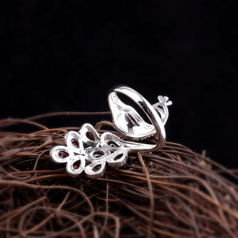 Genuine Solid Sterling Silver Peacock Ring 925 Wedding Womens Jewellery With Red Garnet Natural Stone Adjustable Fine Jewelry