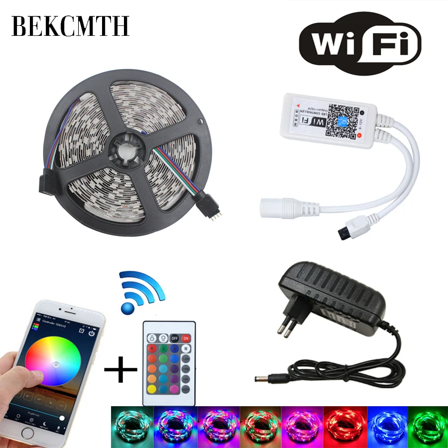 BEKCMTH светодиодный светильник 2835 SMD RGB лента 5 м 10 м 15 м 20 м 12 В постоянного тока Гибкая RGB Светодиодная лента e лента Диод+ wifi контроллер+ адаптер