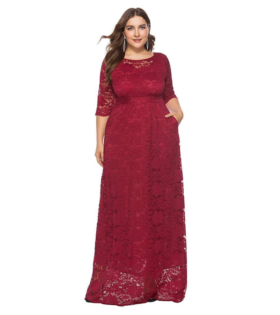 Miaoke Plus Size Red Maxi Lace Dress Women Clothing High Quality Fashion Vintage Sexy Club Party Elegant Dresses