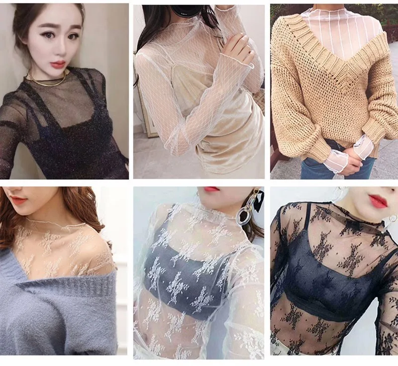 TWOTWINSTYLE, сетчатая кружевная Сексуальная футболка, женская, стоячий воротник, открытая, базовый прозрачный пуловер, футболки,, весенние модные топы