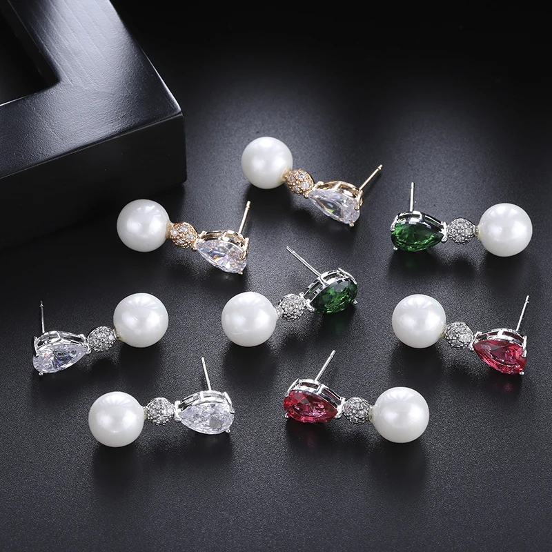 YANMEI Imitation pearls AAA Cubic Zirconia Dangle Earrings For Women Water Drop Elegant Fashion Jewelry YME7740 | Украшения и
