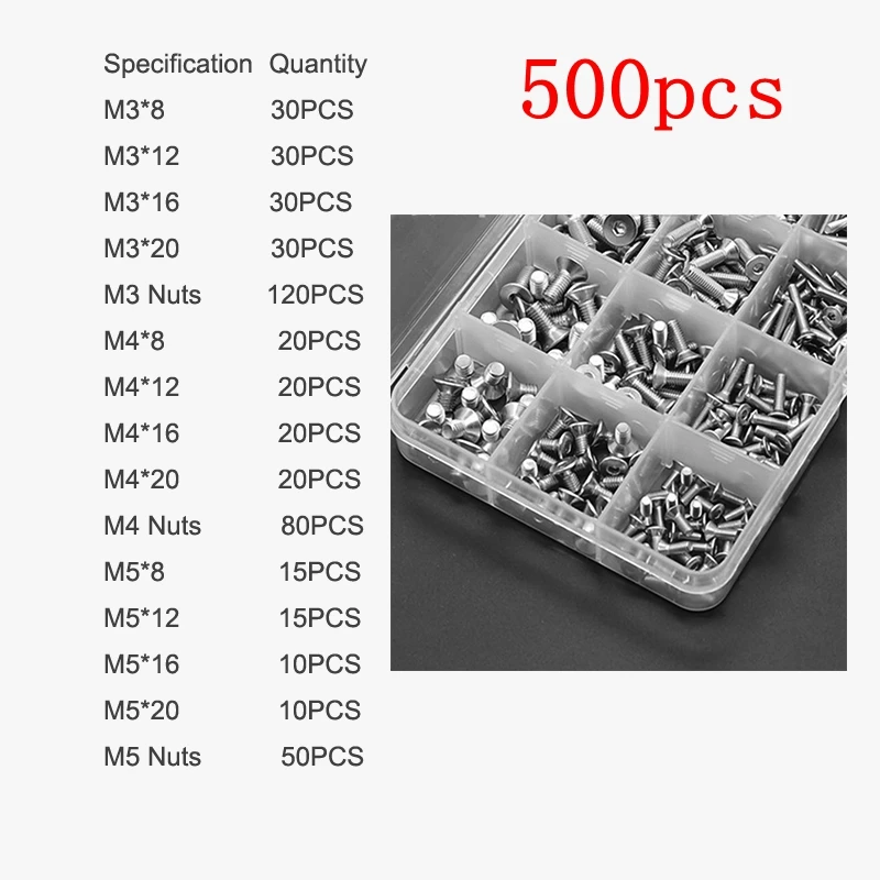 Urijk 500pcs/Lot M3 M4 M5 Button Head Hex Socket Screw Bolt Nut Stainless Steel 304 Screws Nuts Assortment Kit Fastener Hardware |