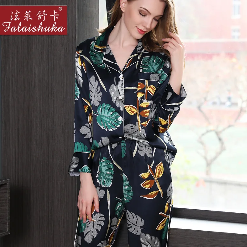 Womens 100% Silk Satin Pajamas Pyjamas Set 2019 Long Sleeve Sleepwear Suit Female Sleep Two Piece Set Loungewear Plus Size