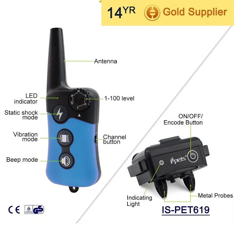 IPETS PET619 водонепроницаемый перезаряжаемый 300 м дистанционный ошейник для дрессировки собак Электрический шокирующий Вибрационный тренажер для собак