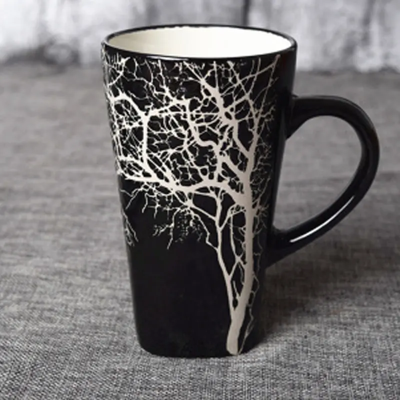 black Wourmth креативная чашка для воды керамическая дорожная крышка кофейной кружки ложка офисная 500 мл большая емкость чашка для молока - Цвет: black