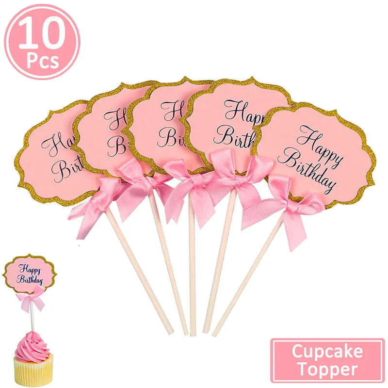 10pcs pink birthday 10 шт. золотая корона для капкейков, топперы для принцесс, украшения для дня рождения, Детские принадлежности для мальчиков и девочек - Цвет: 10pcs pink birthday
